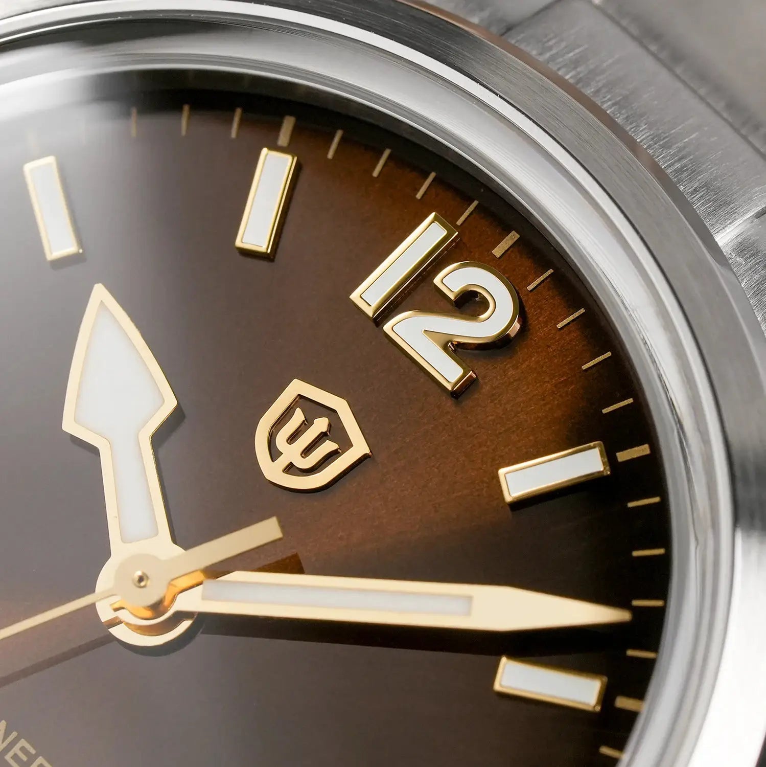Watchdives WD1960S V2 wristwatch dial close-up with brown face, gold-tone hands and markers, stainless steel case