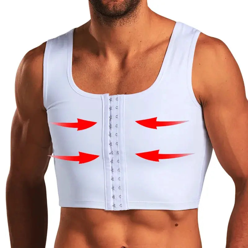 Men's gynecomastia shaper vest white compression undershirt by Simples Market with front hook closures