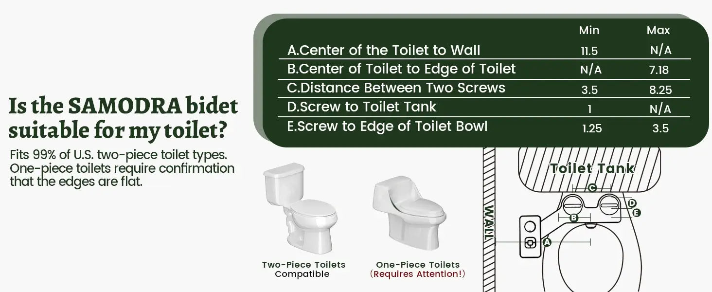 SAMODRA Bidet Attachment by Simples Market; non-electric cold-water toilet bidet with pressure controls; two toilets shown