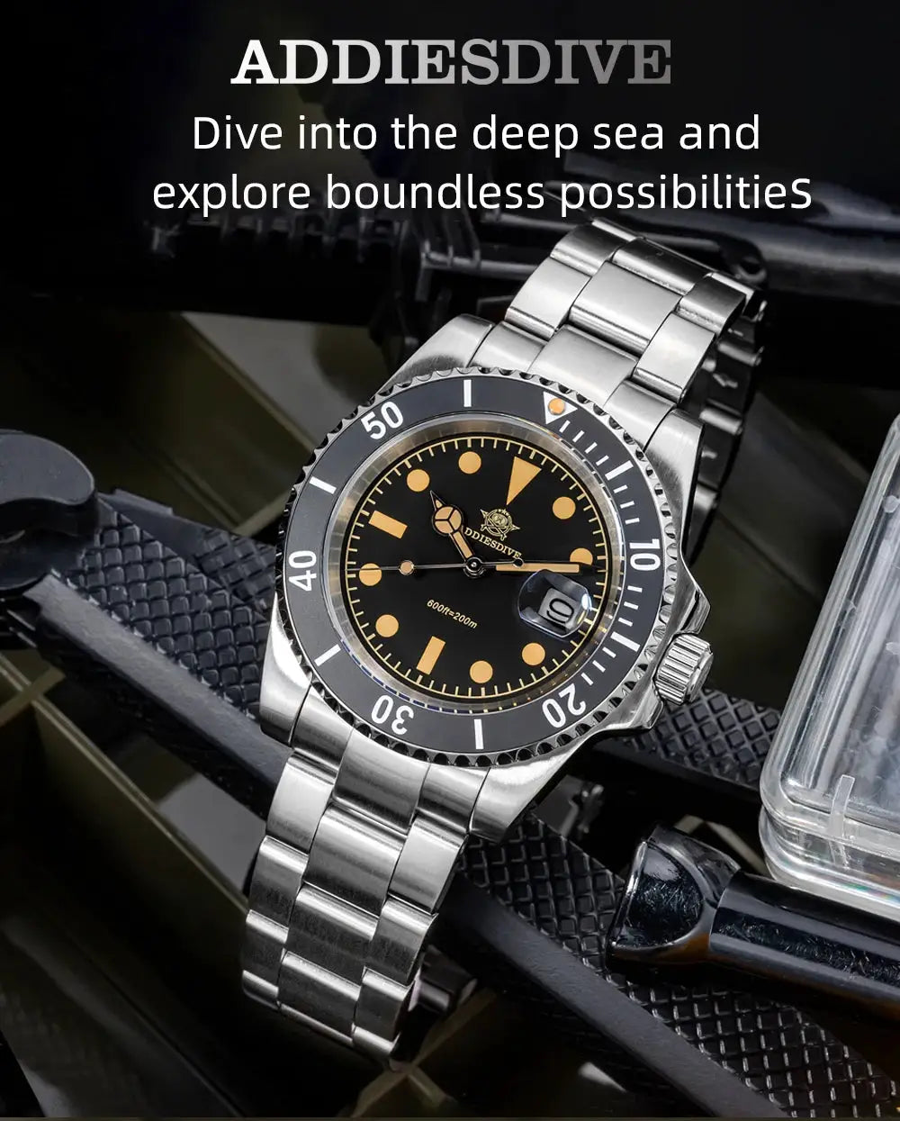 Addiesdive 41mm stainless steel men's quartz dive watch with black dial and luminous hands/markers