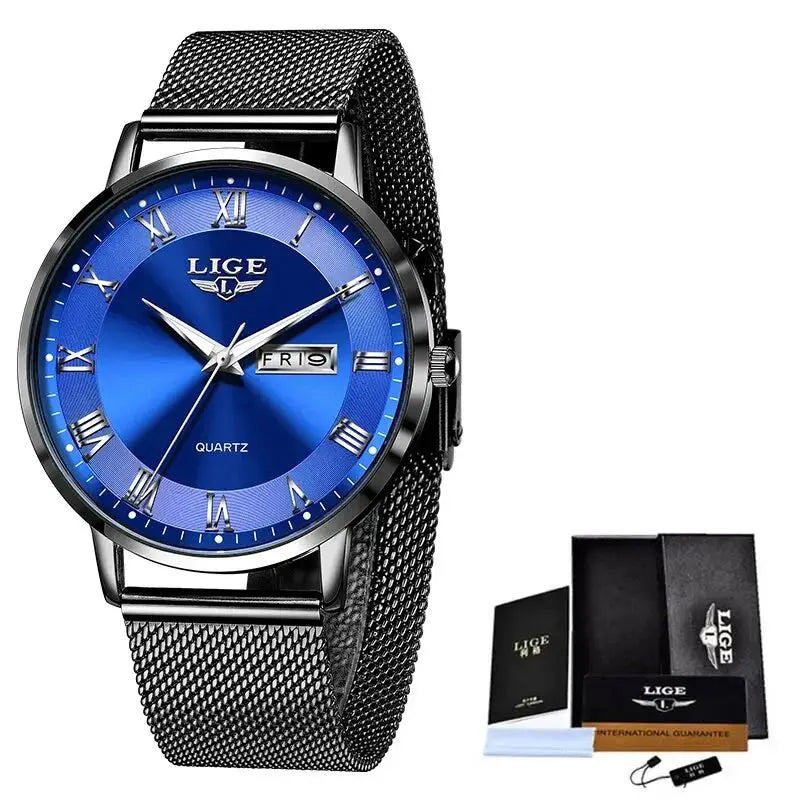 LIGE women's blue dial quartz watch with black stainless steel mesh band; box and papers included