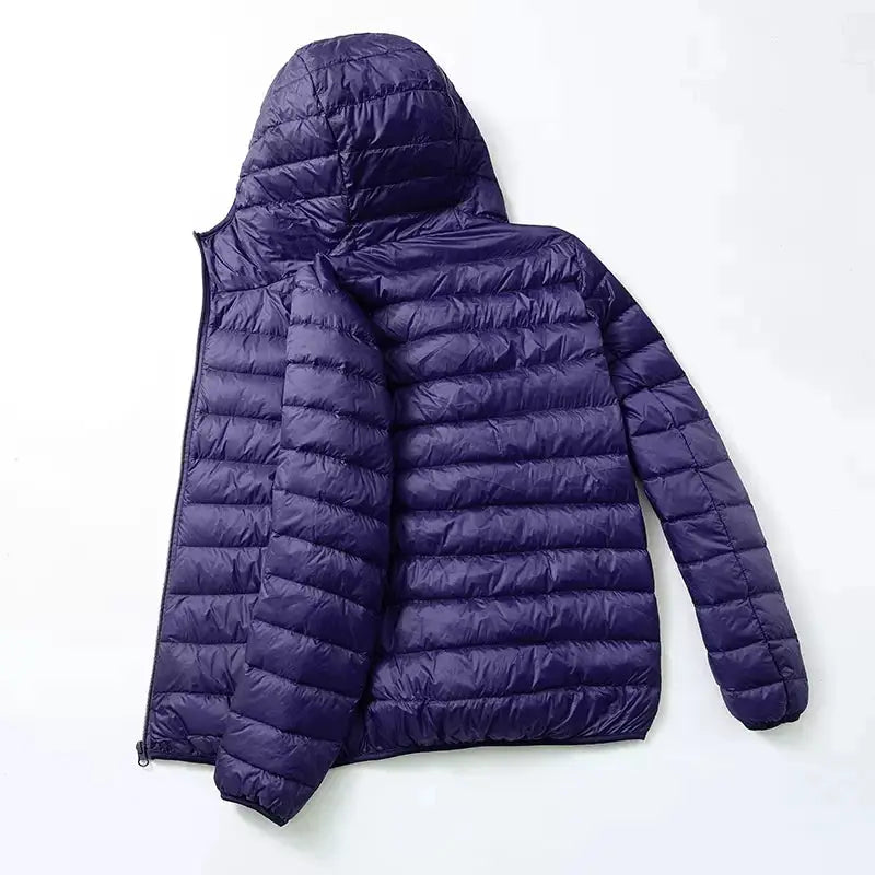 Ultra-light duck-down hooded men's jacket, purple puffer coat.