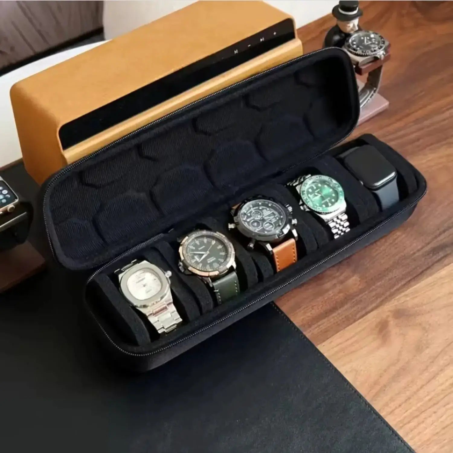 TravelGuard 5 Slot Watch Case Hard Shell Travel Organizer With Pillow Insert For Smart Watches Gift Ready Black