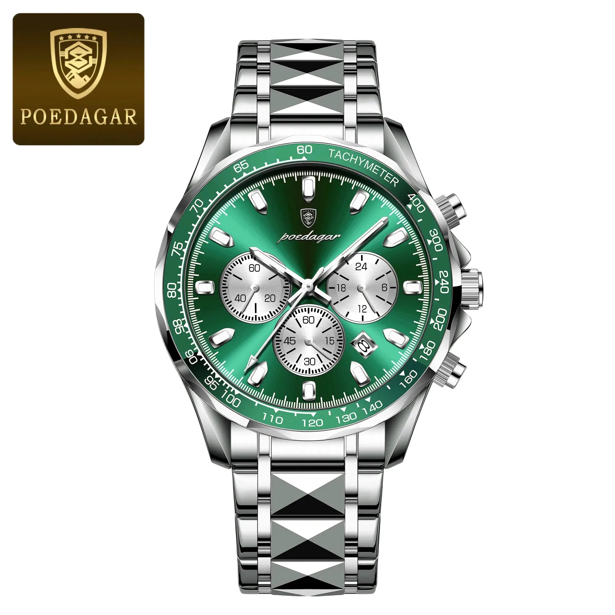 POEDAGAR luxury men's watch with green dial, stainless steel bracelet and tachymeter bezel