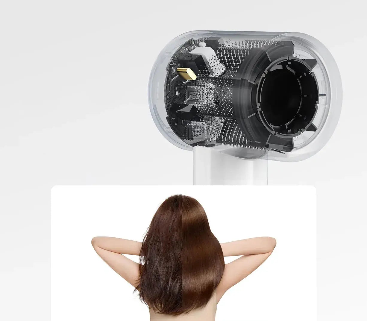 MIJIA H501 SE hair dryer by Simples Market; transparent housing reveals components and a model with long brown hair.