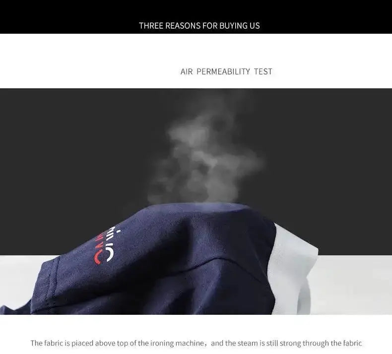 Simples Market navy fabric garment with white trim and steam, showcasing air permeability test