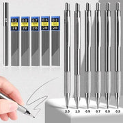 Metal mechanical pencil set: 6 knurled pencils with 6 HB lead refills (0.3–2.0mm)