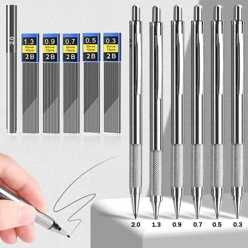 Metal mechanical pencil set: 6 knurled pencils with 6 HB lead refills (0.3–2.0mm)