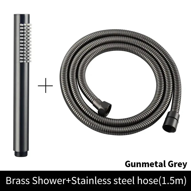 Brass handheld shower head and gunmetal grey stainless steel hose (1.5m), 2-piece set