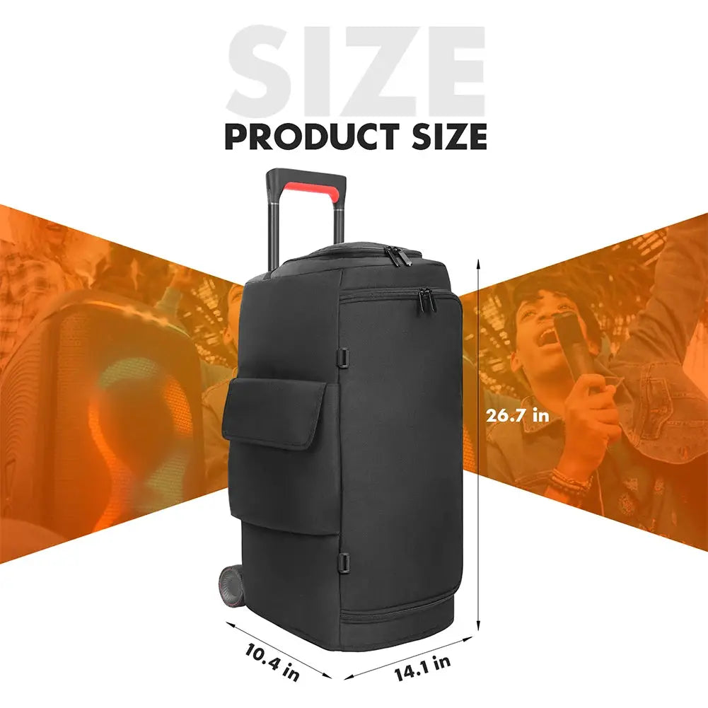 Portable speaker dust case with mic pocket for JBL PartyBox, black wheeled carry bag