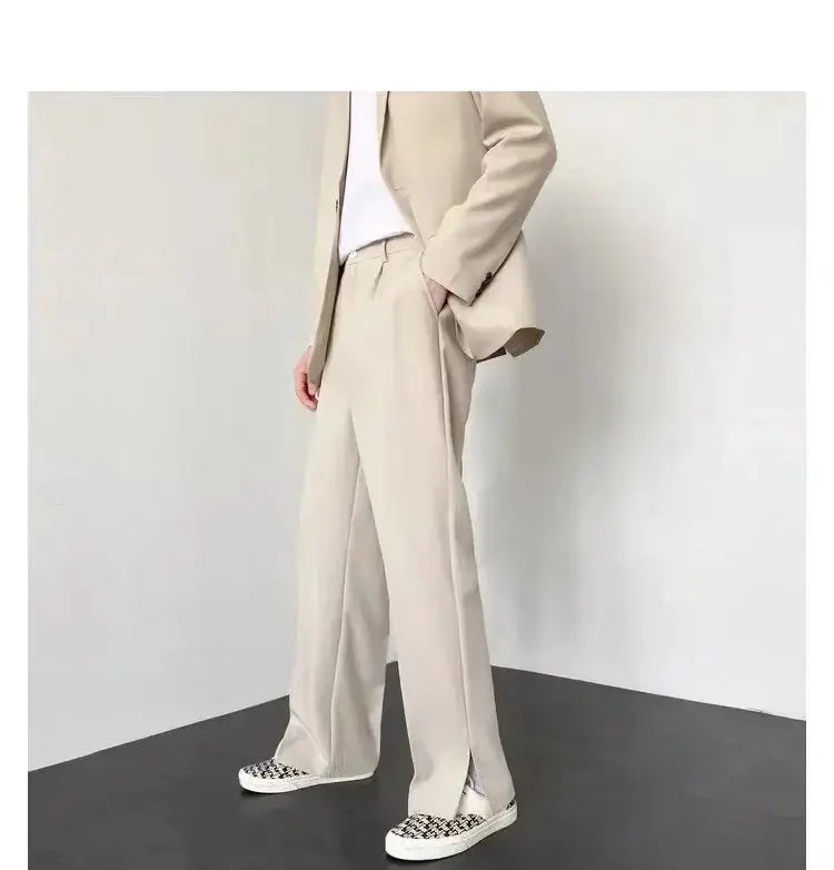 Men's straight baggy casual pants in khaki, suit-style streetwear look with a matching blazer