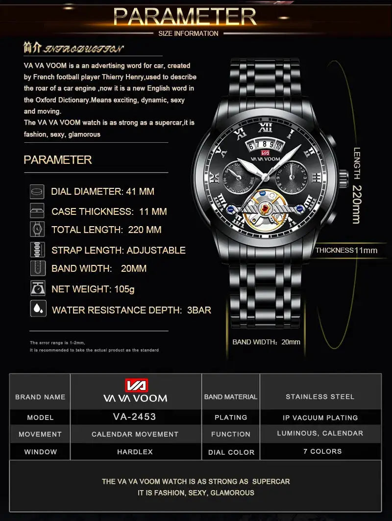 Men's luxury stainless steel watch by VA VA VOOM with luminescent dial and 3Bar waterproof