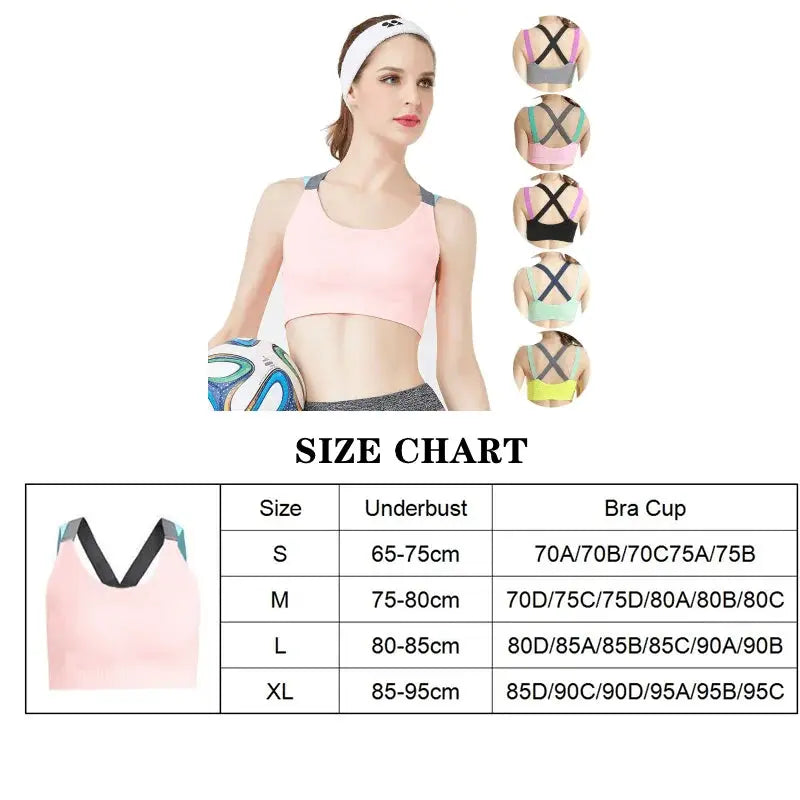 Color-blocked cross-back sports bra pink with gray straps for yoga and running; multiple color options shown.