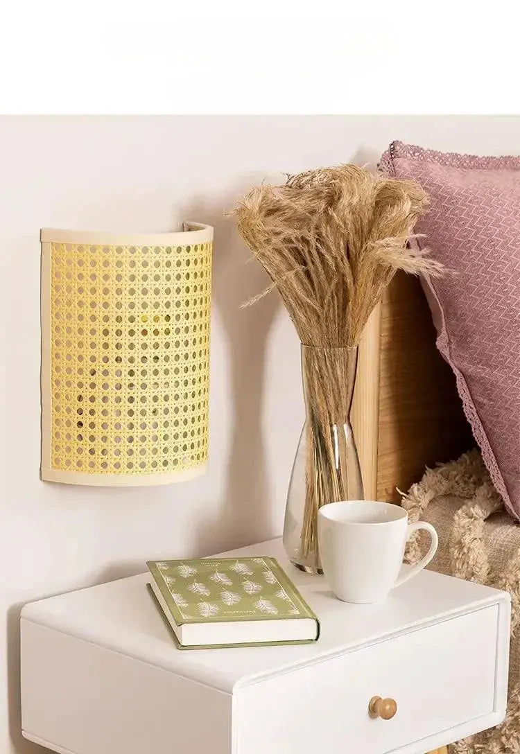 Rattan wall lamp with yellow woven shade by Simples Market, LED bedside wall sconce.