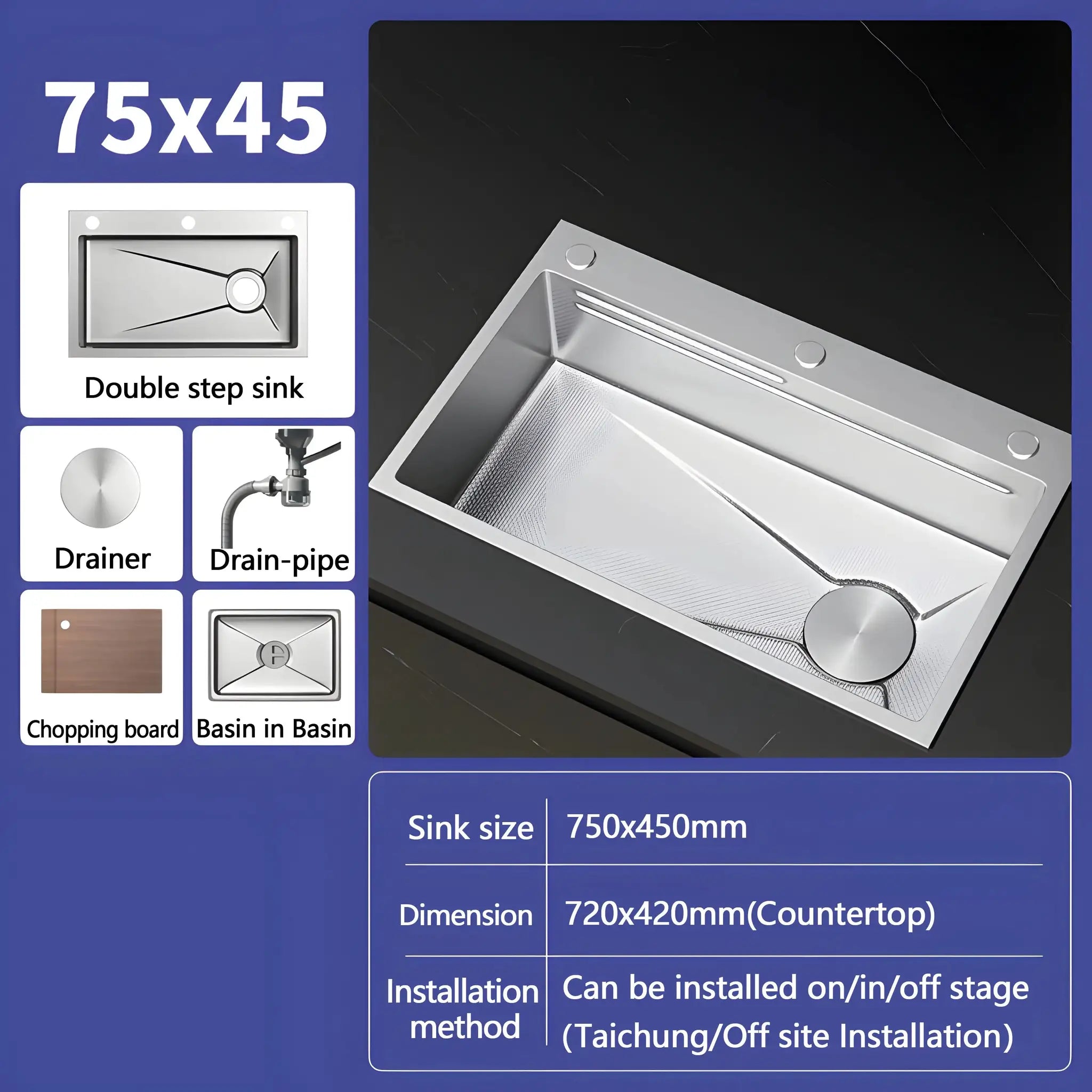 Simples Market 304 stainless steel kitchen sink, large silver embossed single-slot wash basin