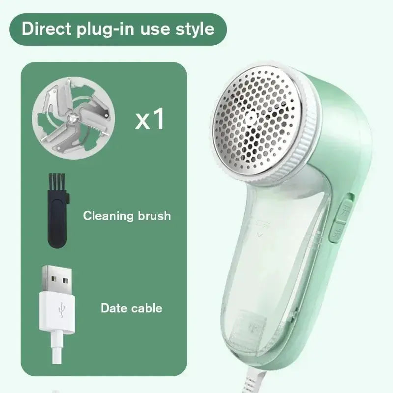 Simples Market electric lint remover, green handheld with cleaning brush and USB cable