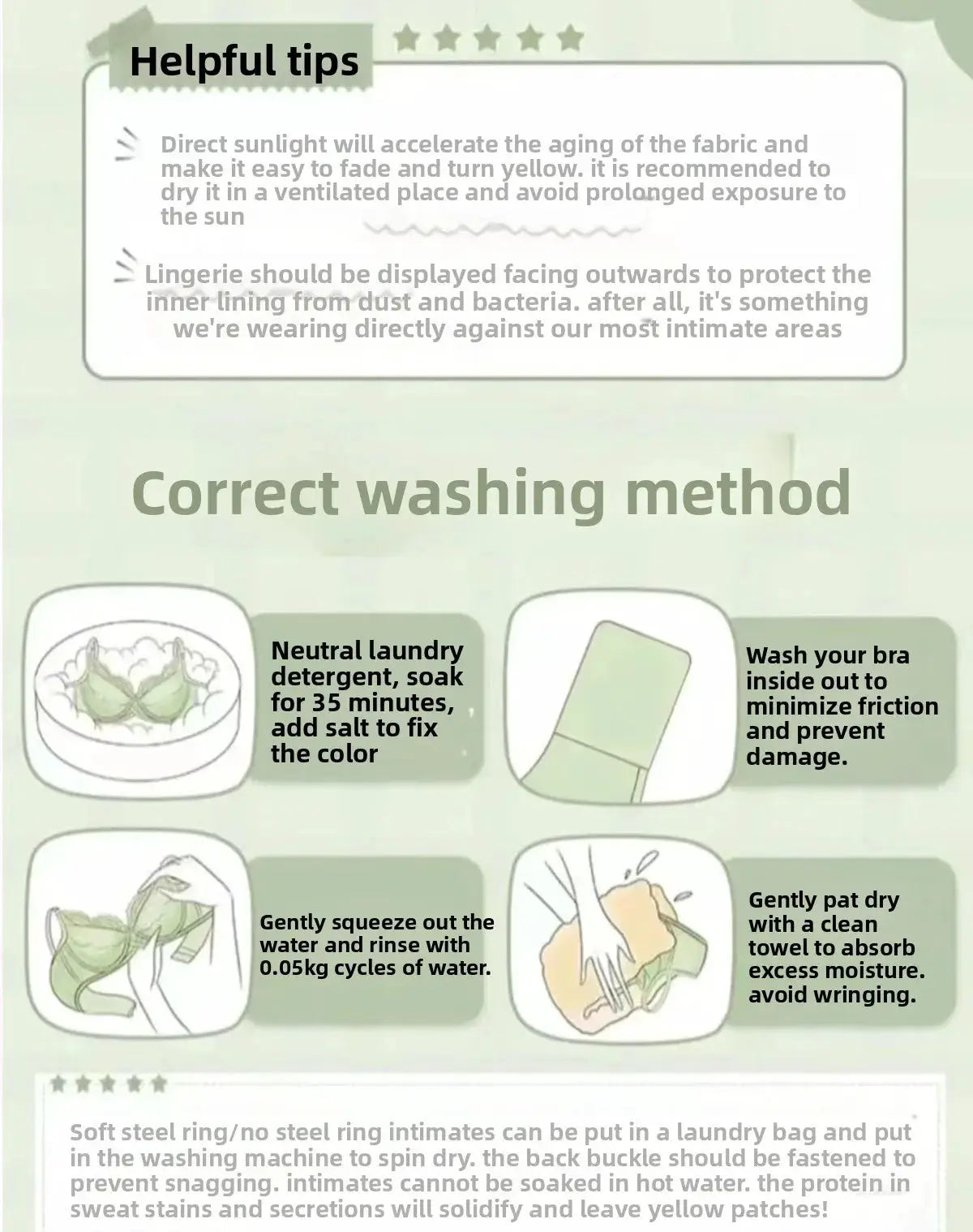 Simples Market American style backless halter bralette care infographic with washing tips