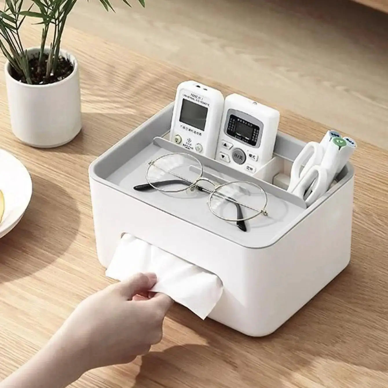 Gray Multifunctional Tissue Storage Box With Extra Compartments For Tissues And Small Essentials For Home Office