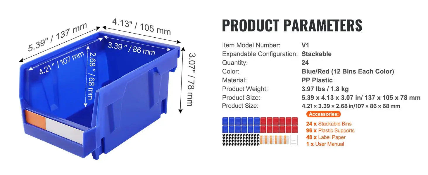 Storage bin set: SucceBuy 24-piece stackable organizer blue/red (12 each) by Simples Market for garage organization