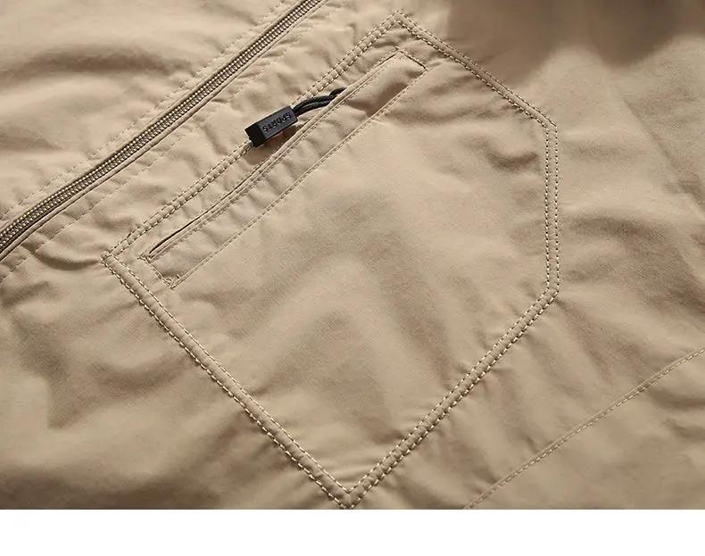 Men's beige outdoor waterproof windbreaker jacket with patch pocket and zipper detail