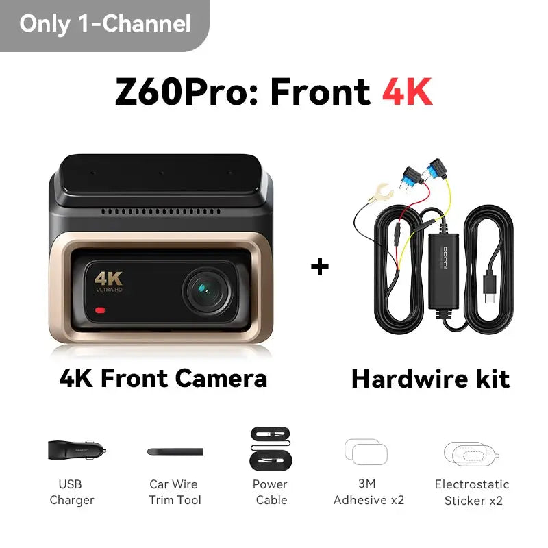 DDPAI Z60 Pro 4K dash cam front camera + hardware kit, black with gold trim
