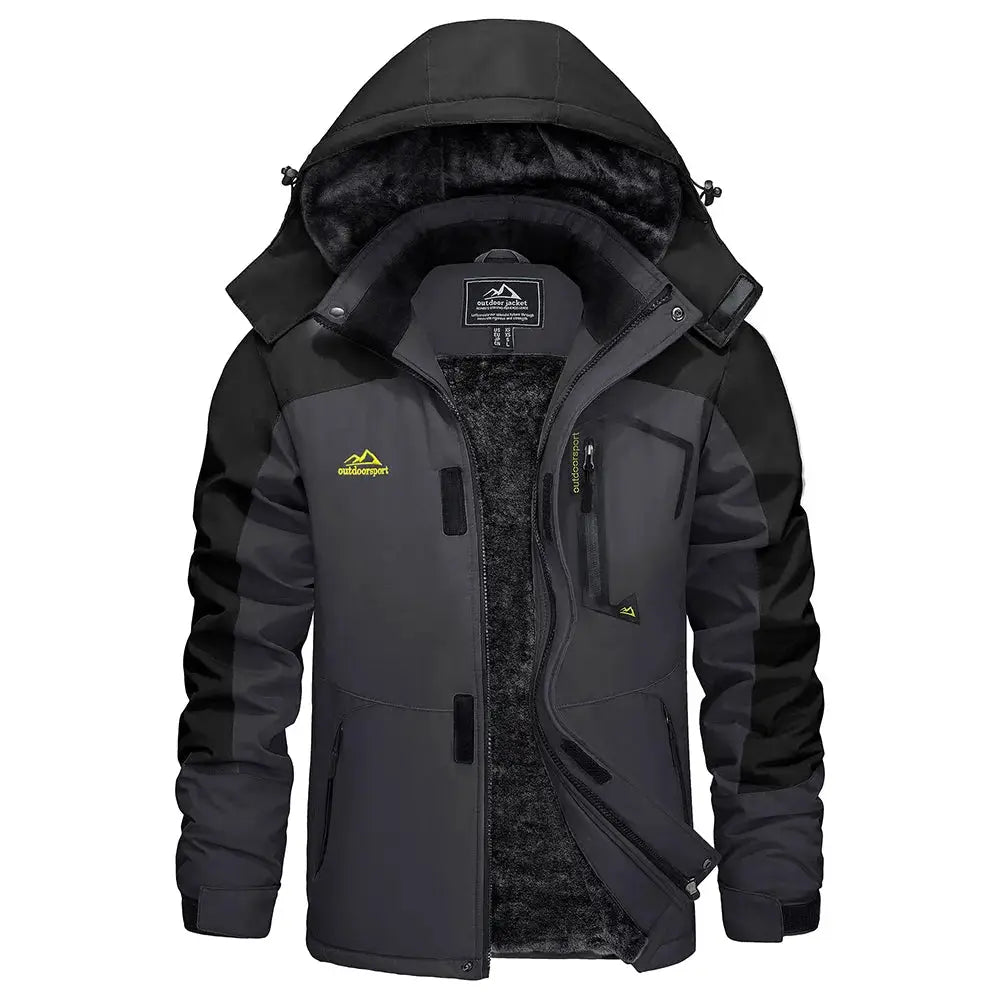 KEFITEVD men's winter ski jacket, waterproof with thick fleece lining, gray/black with outdoorsport logo