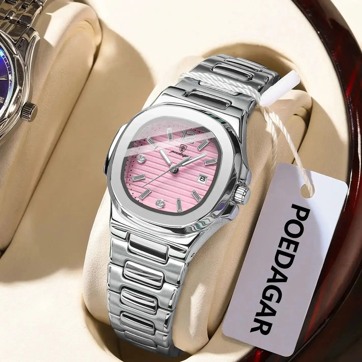 POEDAGAR square fashion women's wristwatch set, 2 silver-tone watches with pink dial and blue dial