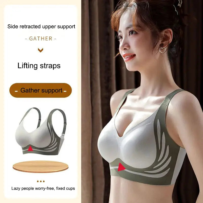 Simples Market 1–2 piece no-wire push-up bra set; seamless white cups with olive-gray side panels, angel-wings design
