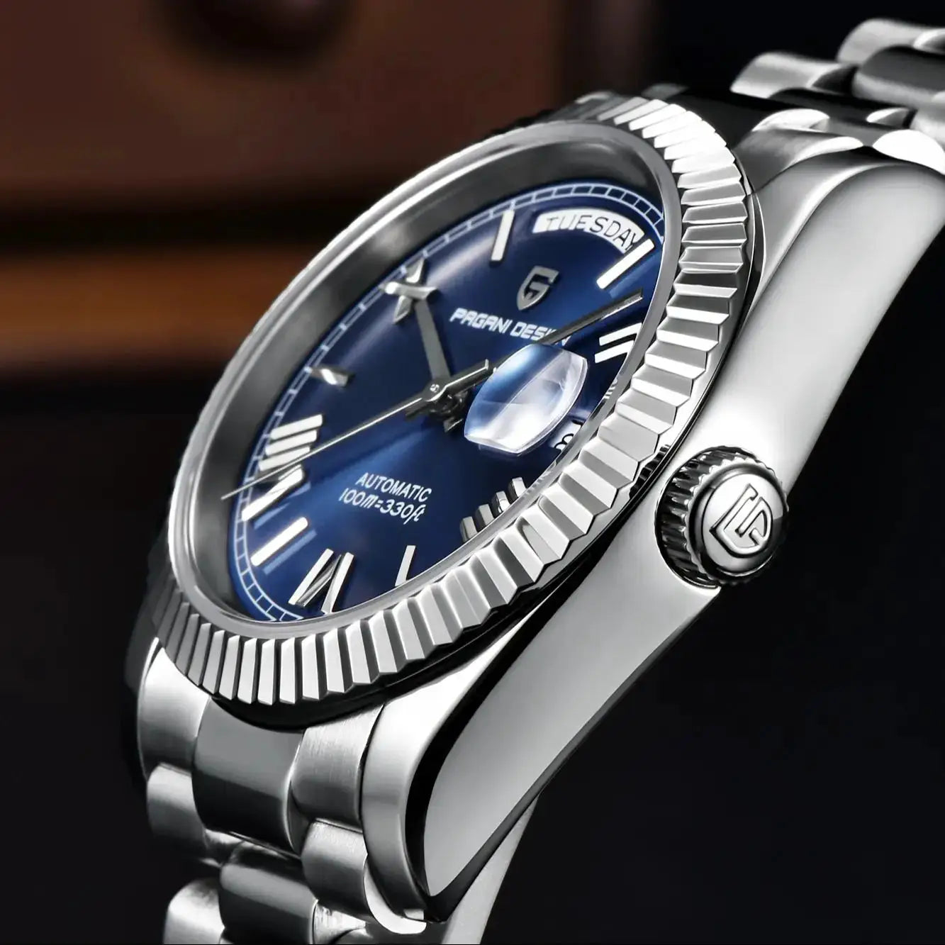 Pagani Design DD36 men's watch with blue dial, AR sapphire glass, stainless steel case and bracelet