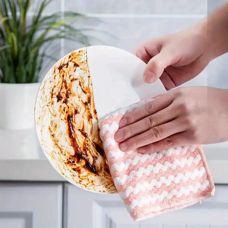 Simples Market dishcloths, coral fleece absorbent pink and white chevron cleaning cloths for kitchen and glass