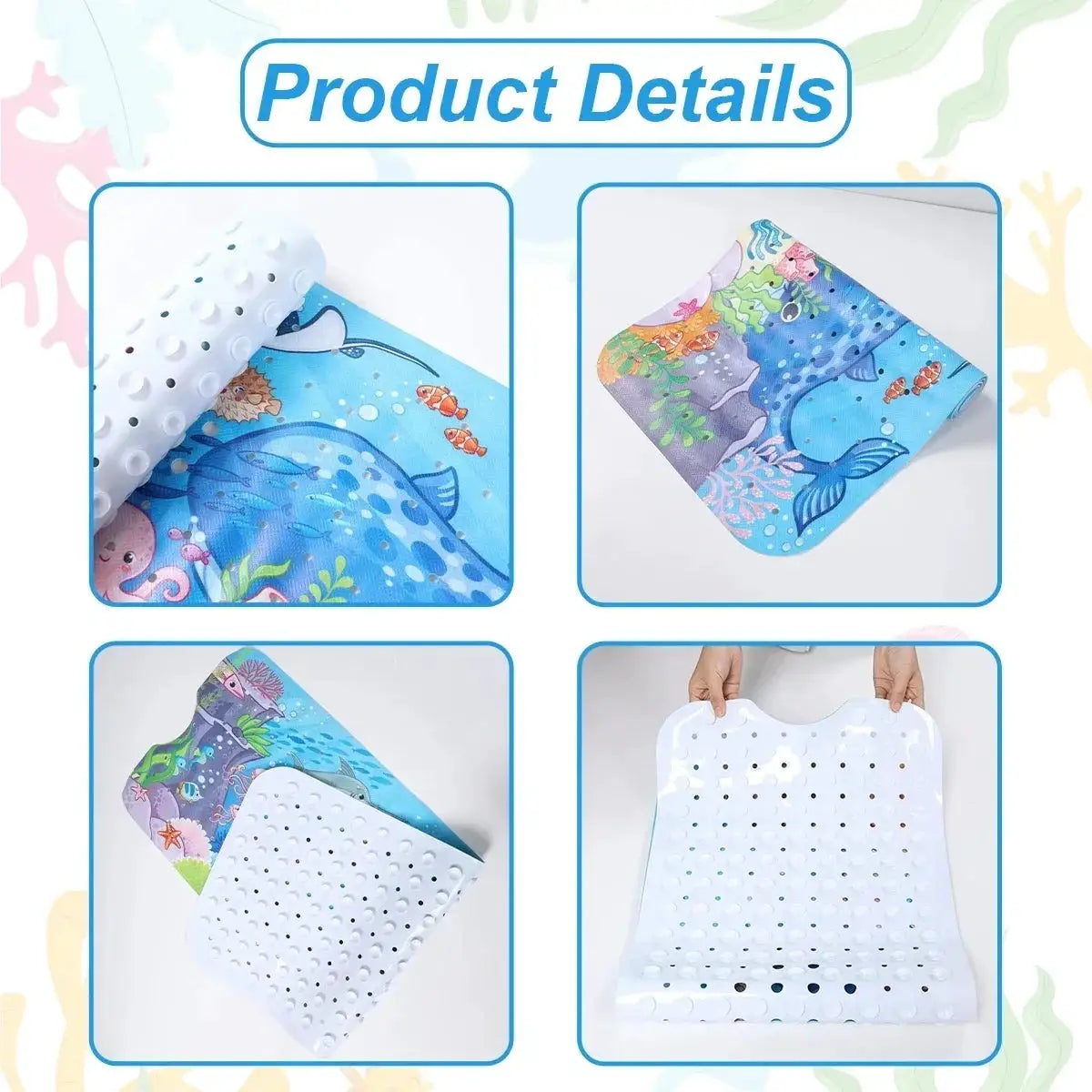 Cartoon extra-long bathtub mat 40x100 cm, blue underwater design with suction cups by Simples Market