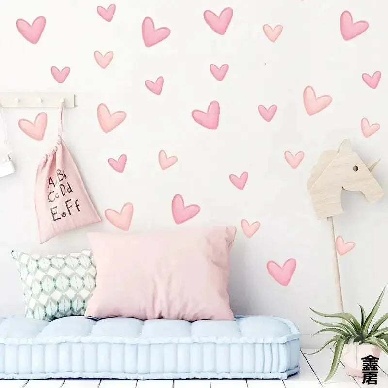 60Pcs soft pink heart wall stickers in two sizes, waterproof removable PVC home decor
