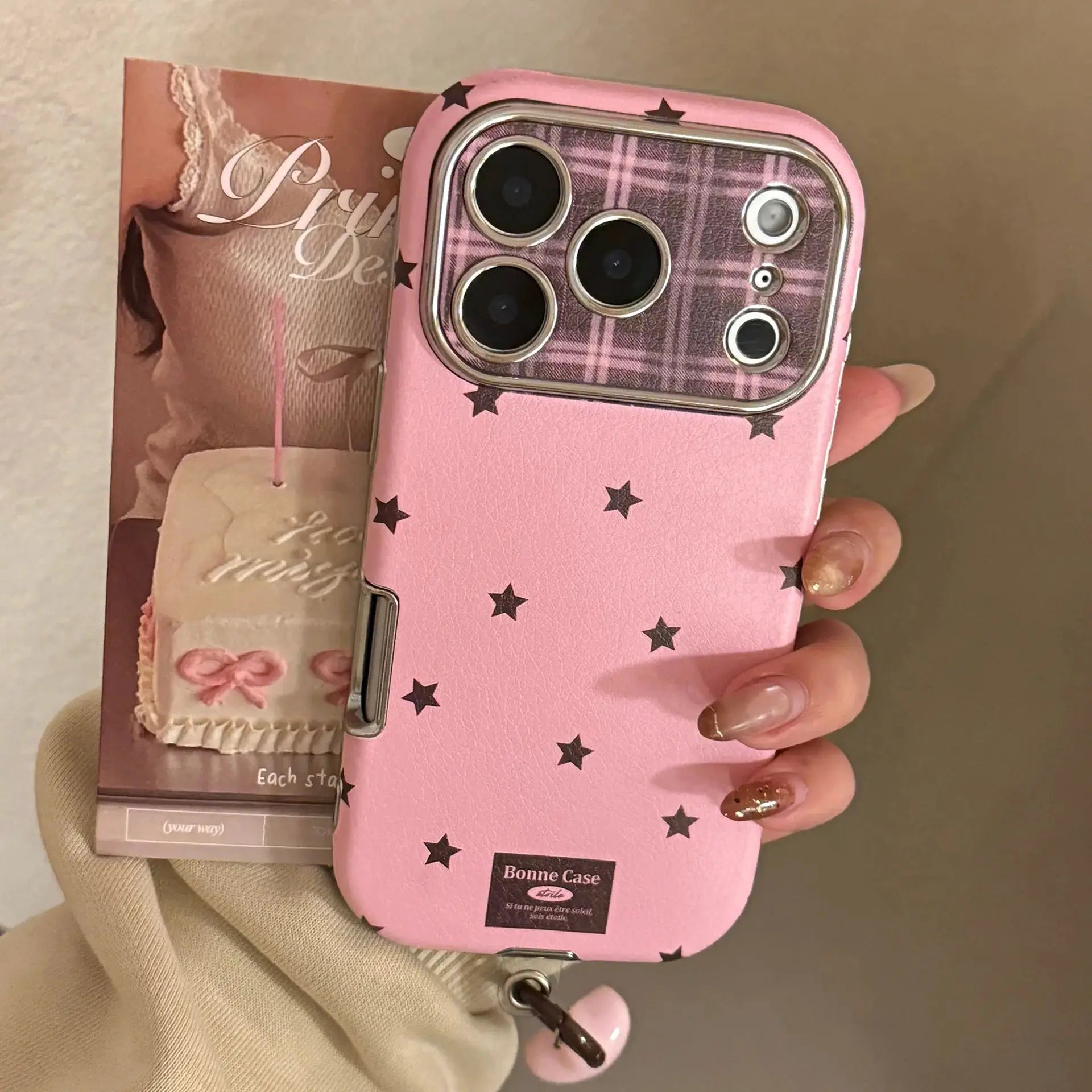 Korean Retro Stars plating leather texture phone case, pink plaid panel, pendant, shockproof by Simples Market