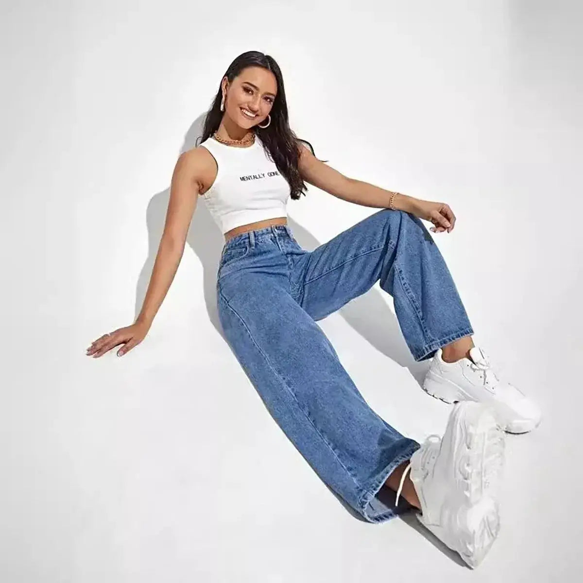 Retro Blue Jeans For Women Y2K High Waist Baggy Straight Leg Denim