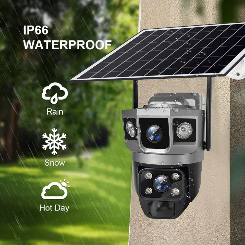 V380 Pro solar WiFi IP camera with dual lenses, outdoor IP66 waterproof housing and solar panel