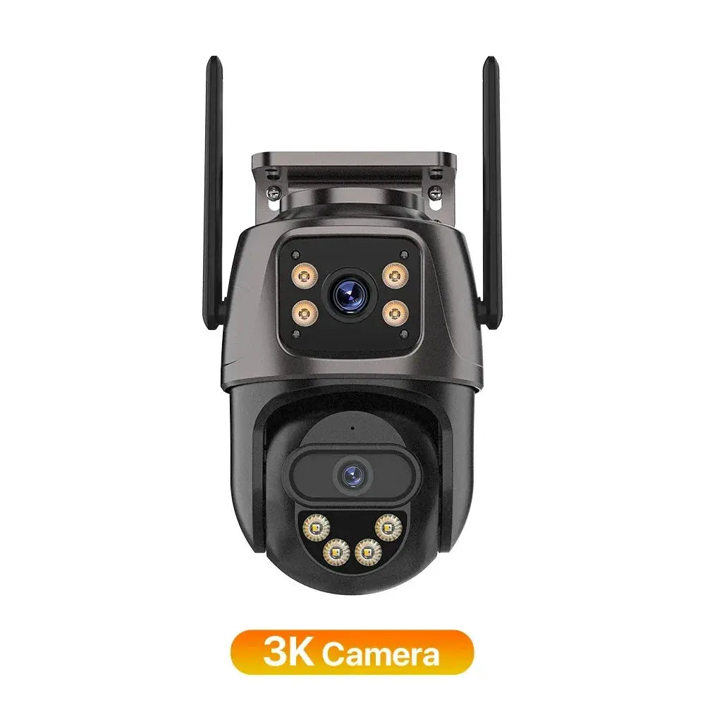 IP camera outdoor PTZ with dual lenses, black housing and WiFi antennas