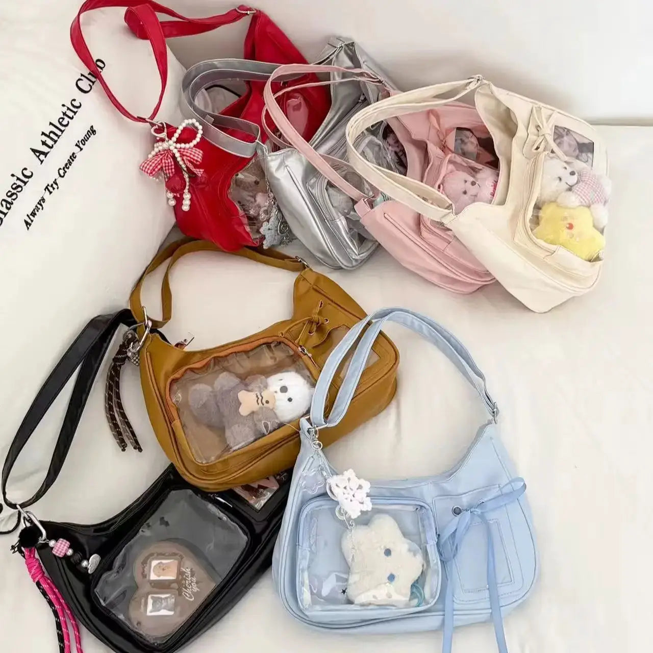 Y2K Harajuku transparent ita bag set—7 shoulder bags with clear PVC panels in assorted colors