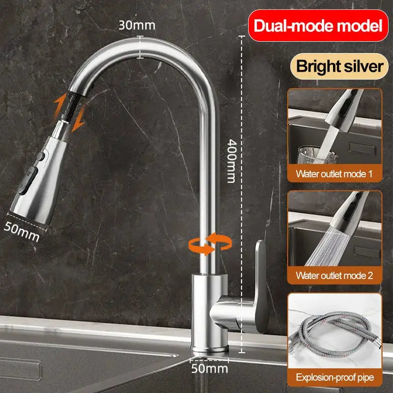 Stainless steel kitchen pull-out faucet by Simples Market, dual-mode with retractable spray head, bright silver finish.