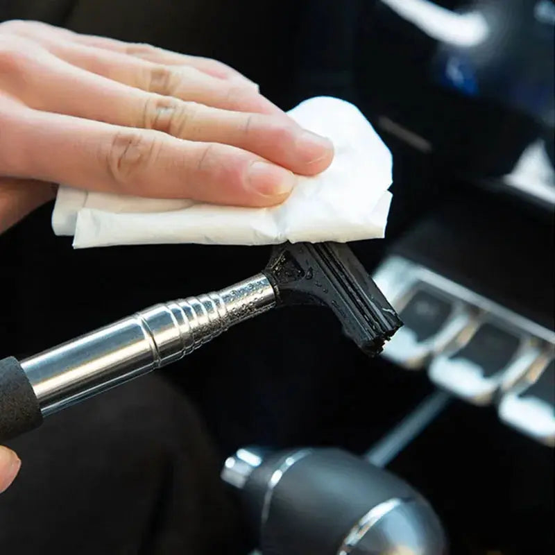 Car rearview mirror wiper cleaning tool with telescopic metal handle and black plastic head