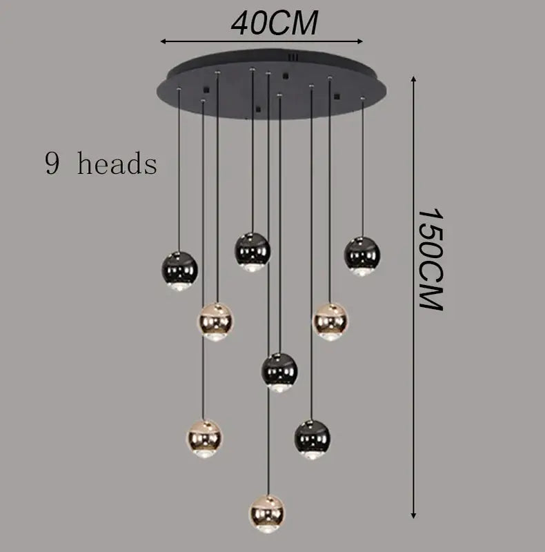 Simples Market pendant light with 9 hanging LED spheres in black and gold for a modern living room chandelier.
