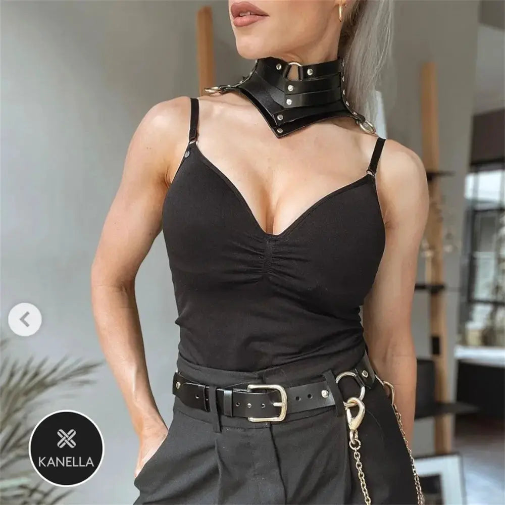 NoirVibe Gothic Leather Choker Necklace With Riveted Straps And Buckle Closure Harajuku Punk Style For Women