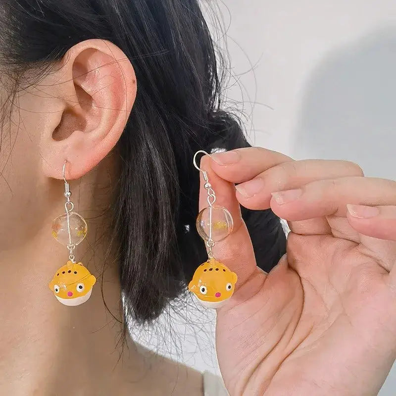 Goldfish drop earrings, yellow kawaii faces with clear glass globe beads; pair