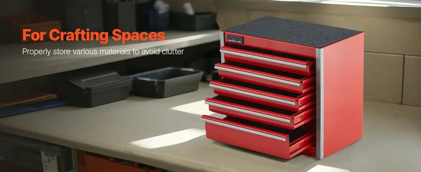 SucceBuy 5-drawer red and black metal tool chest on a workshop bench.