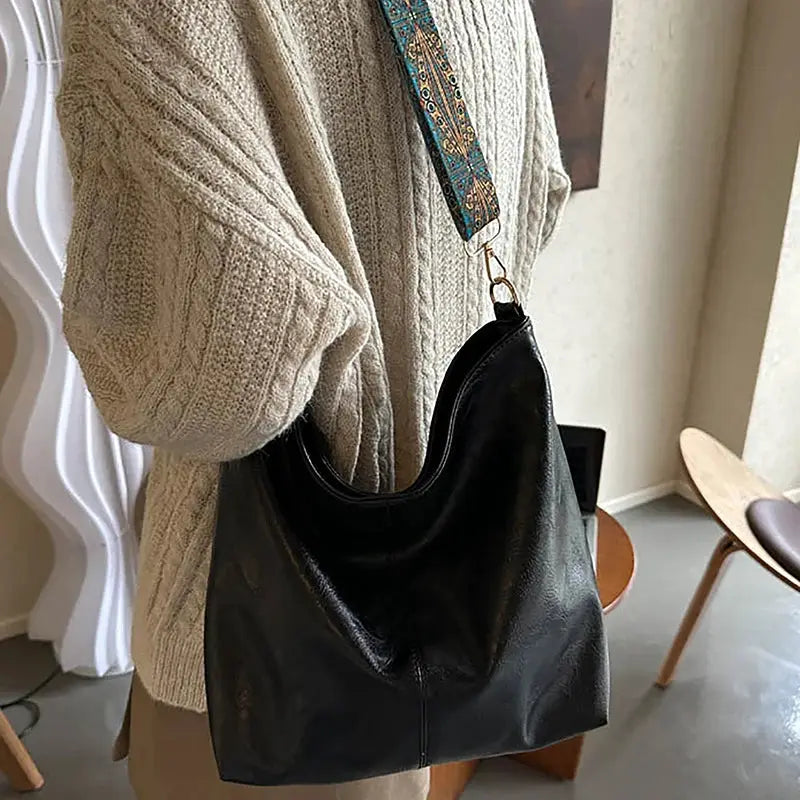 Nova Geometric Strap Shoulder Bag Wide Crossbody Large Capacity Retro PU Leather