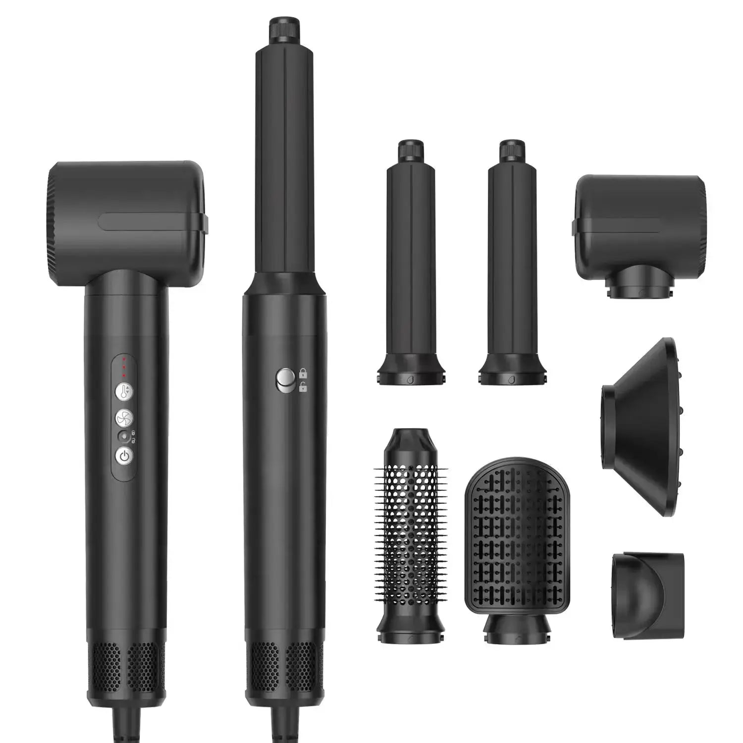 Simples Market 7-in-1 black hair dryer brush set with diffuser, comb attachments, and concentrators.