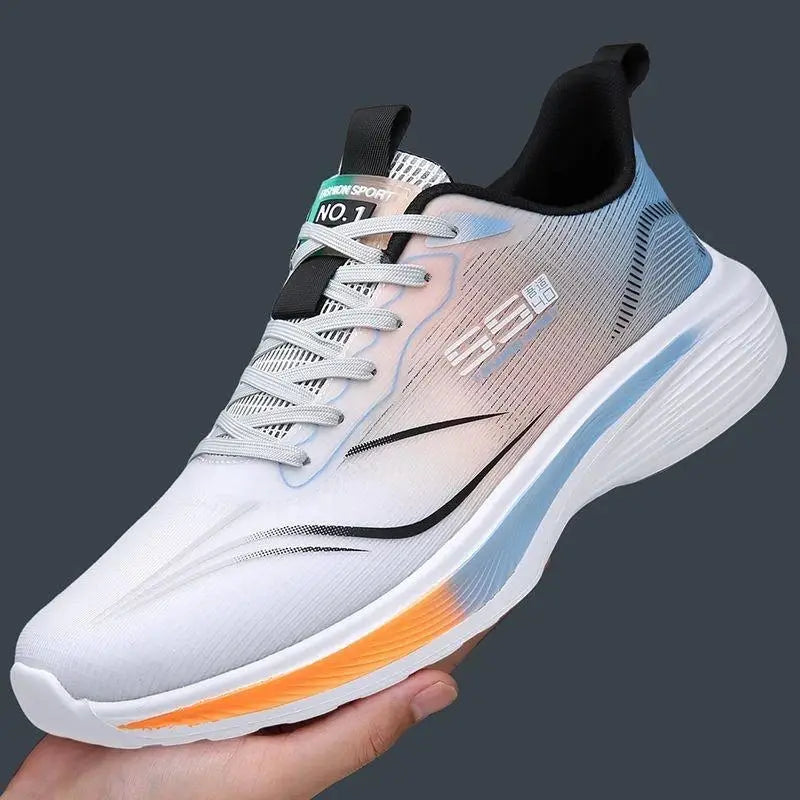 Men's running sneakers by Simples Market, white sneaker with pastel gradient upper and orange-accented chunky sole
