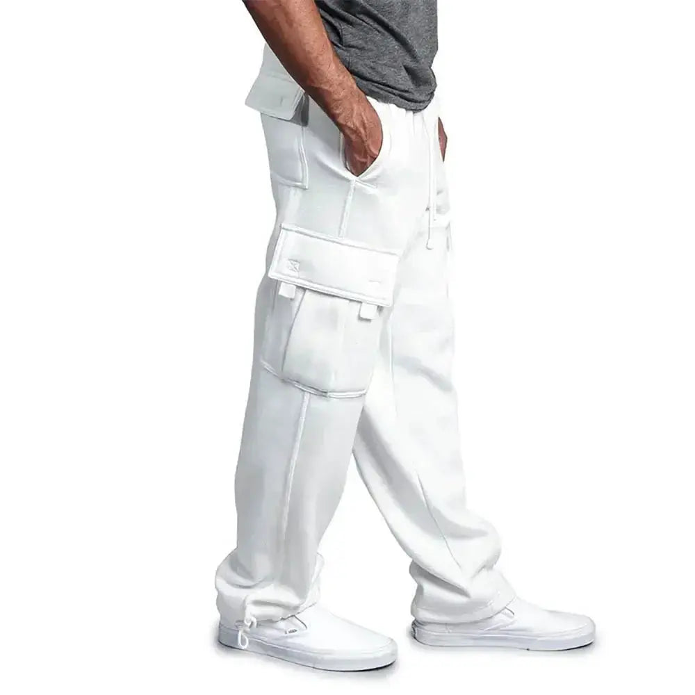 Men's white cargo sweatpants with multiple pockets, streetwear joggers