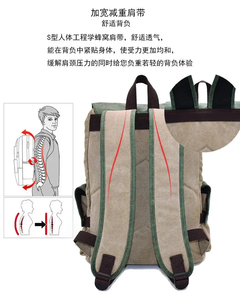 Simples Market Attack on Titan canvas kid backpack, beige with green trim, padded straps and ergonomic back support.