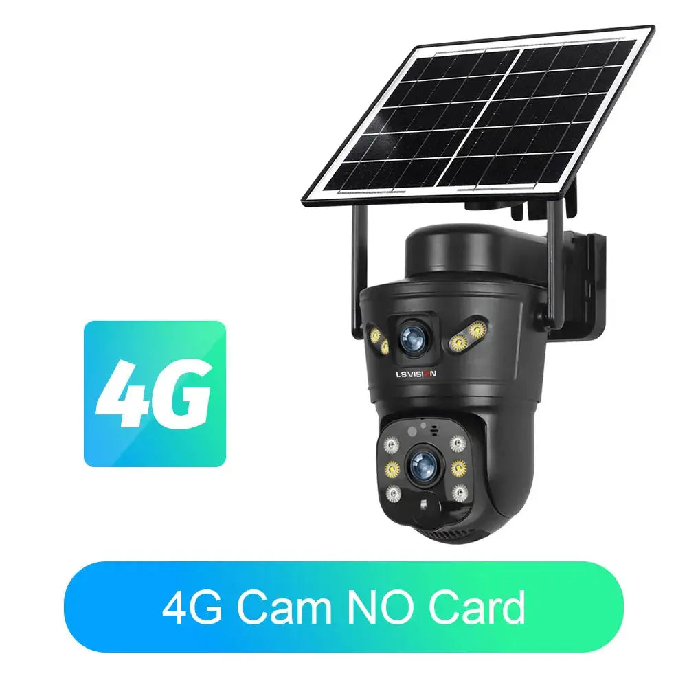 LS Vision 4G outdoor solar security camera by Simples Market with dual lens, night vision, waterproof