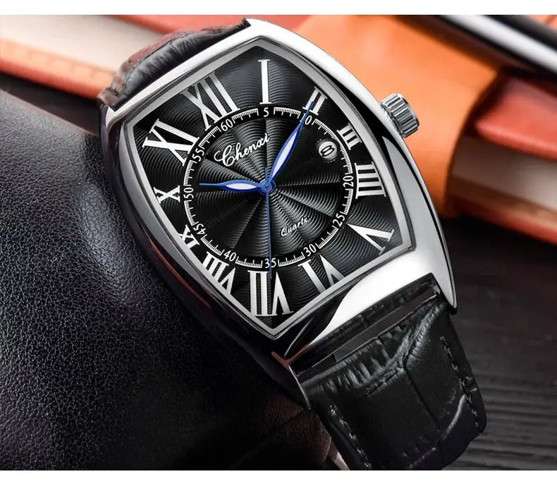 CHENXI men's wristwatch with black dial and leather strap